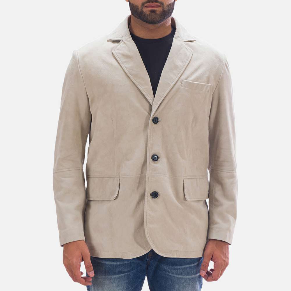 Light Beige Suede Three-Button Sport Coat with Flap Pockets